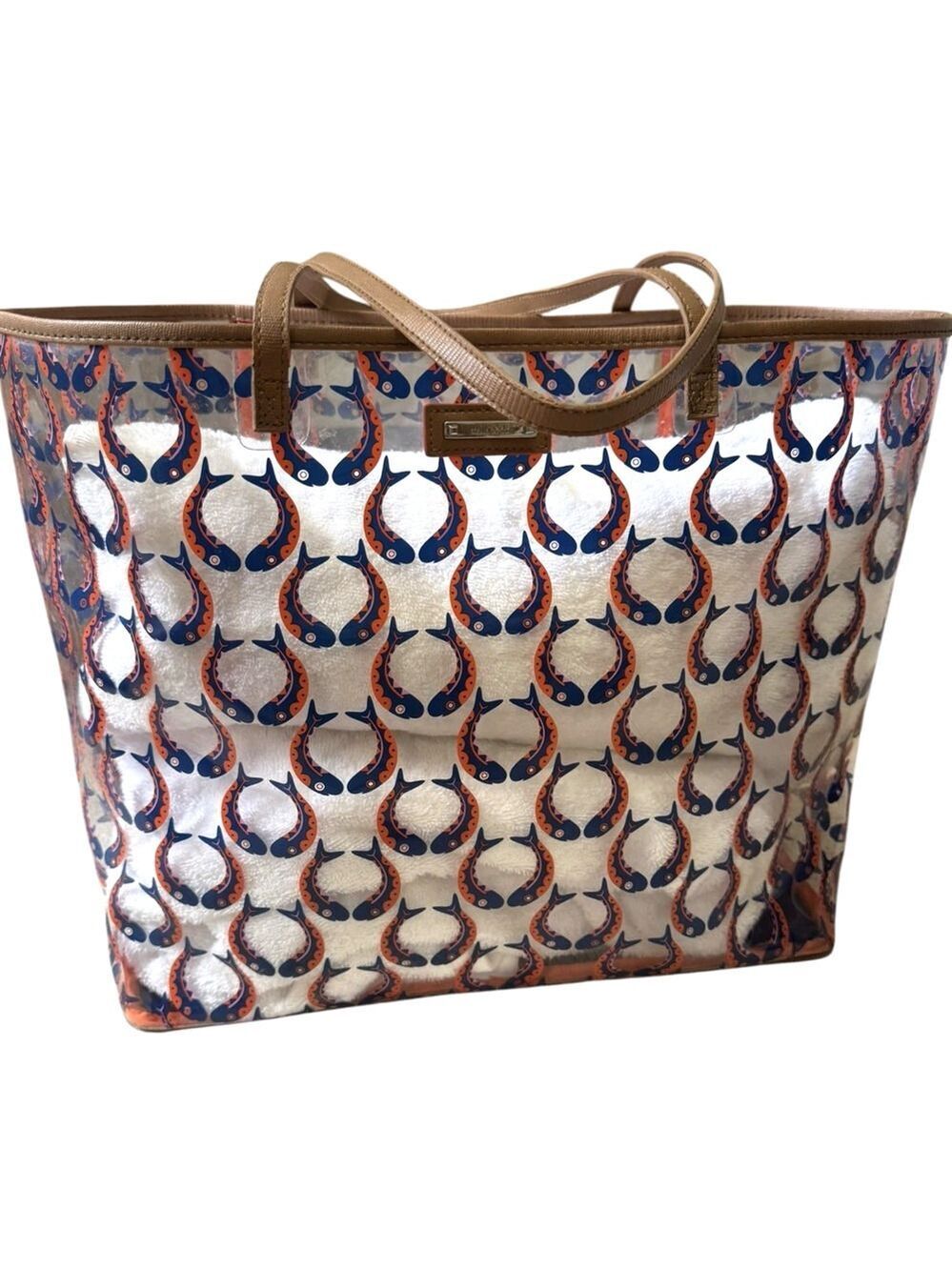Stella & Dot XL Clear Beach Tote Bag Fish Print Pocket PVC Beach Pool